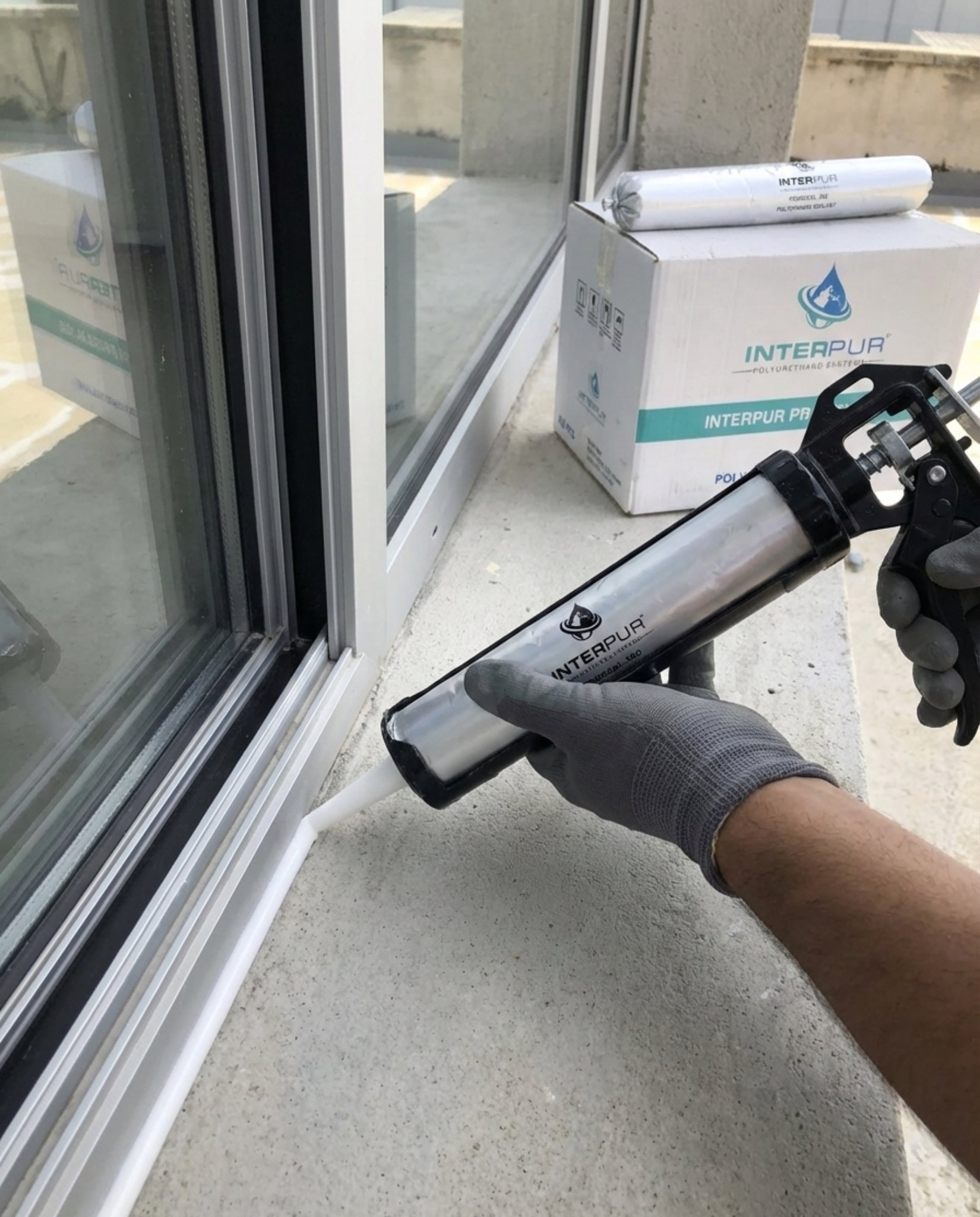 Technician applying adhesive during windshield installation